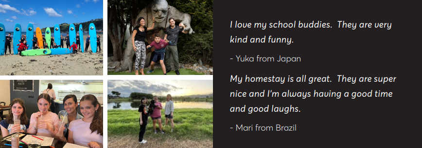 Photos of International Students studying at Hutt Valley High School, and international students with their homestay families.
