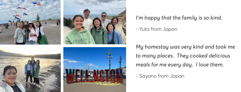 Quotes and image collage of international students at HVHS with their homestay families, international students at Hutt Valley High School travelling around Lower Hutt and New Zealand.