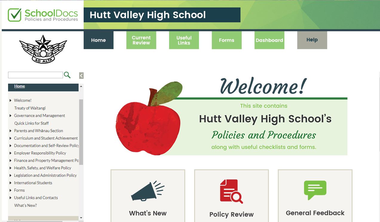 SchoolDocs image for logging into the Hutt Valley High School policies page.