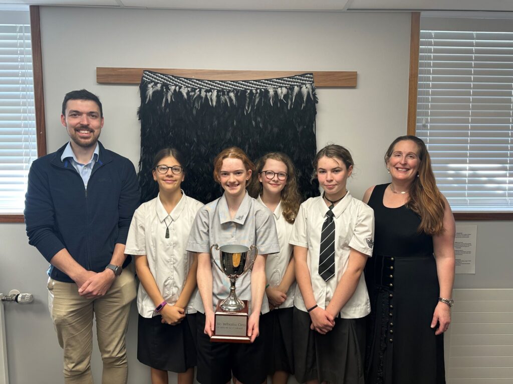 Students with trophy for Hutt Science Award 2023 with Science Teachers, Award Winners, STEM, STEAM, Science Teachers at Hutt Valley High School