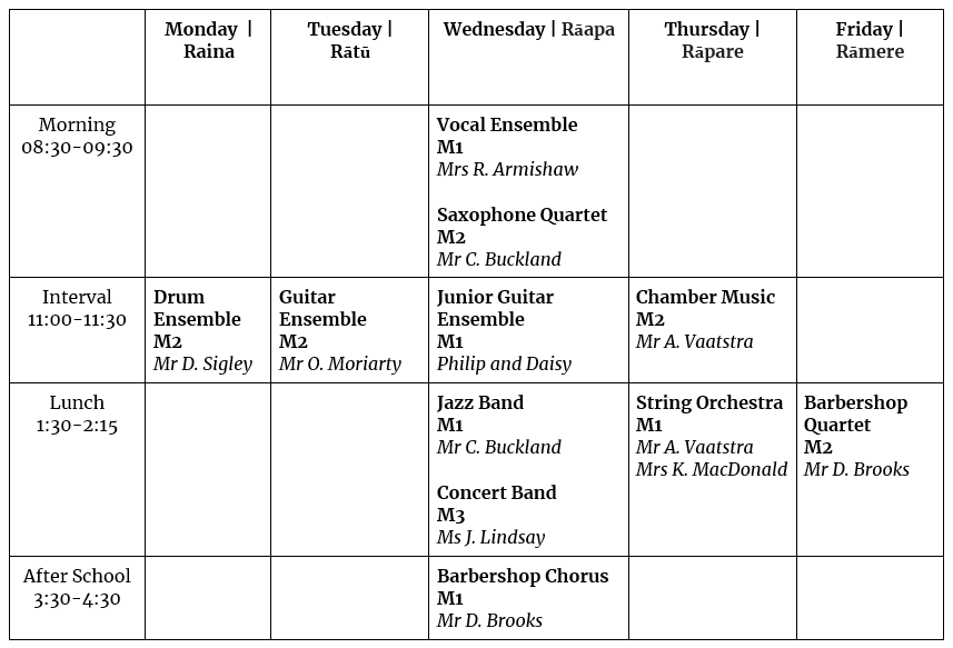 Music Groups Timetable for 2024, Vocal Ensemble, Guitar Ensemble, Jazz Band, Chamber Music, Barbershop Quartet, Drum Ensemble, Saxophone Quartet